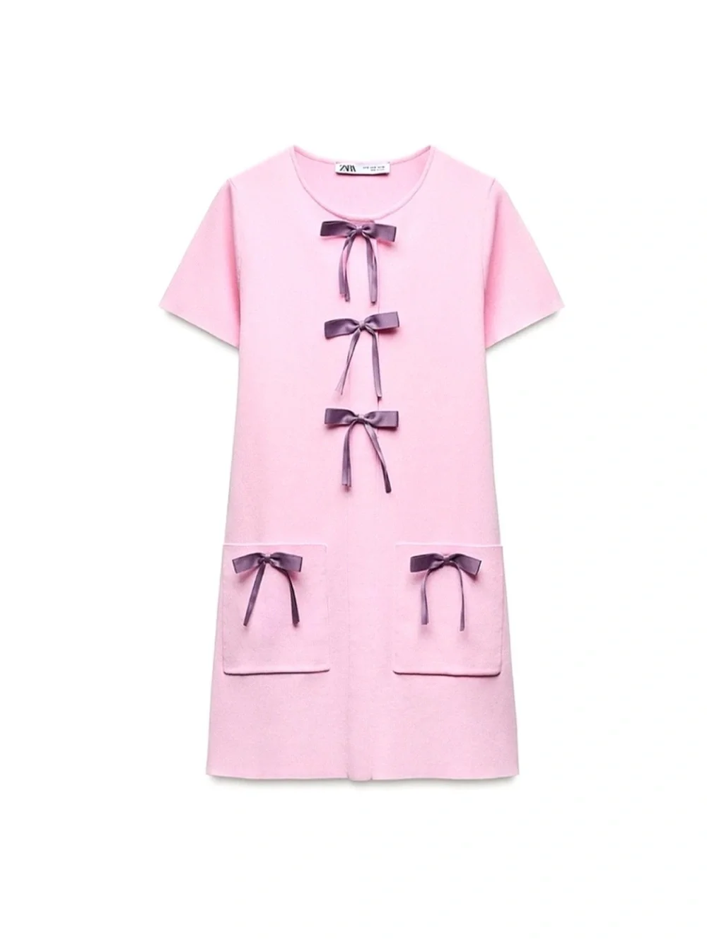 Zara Pink Knit Mini Dress With Bows NEW Size Medium
